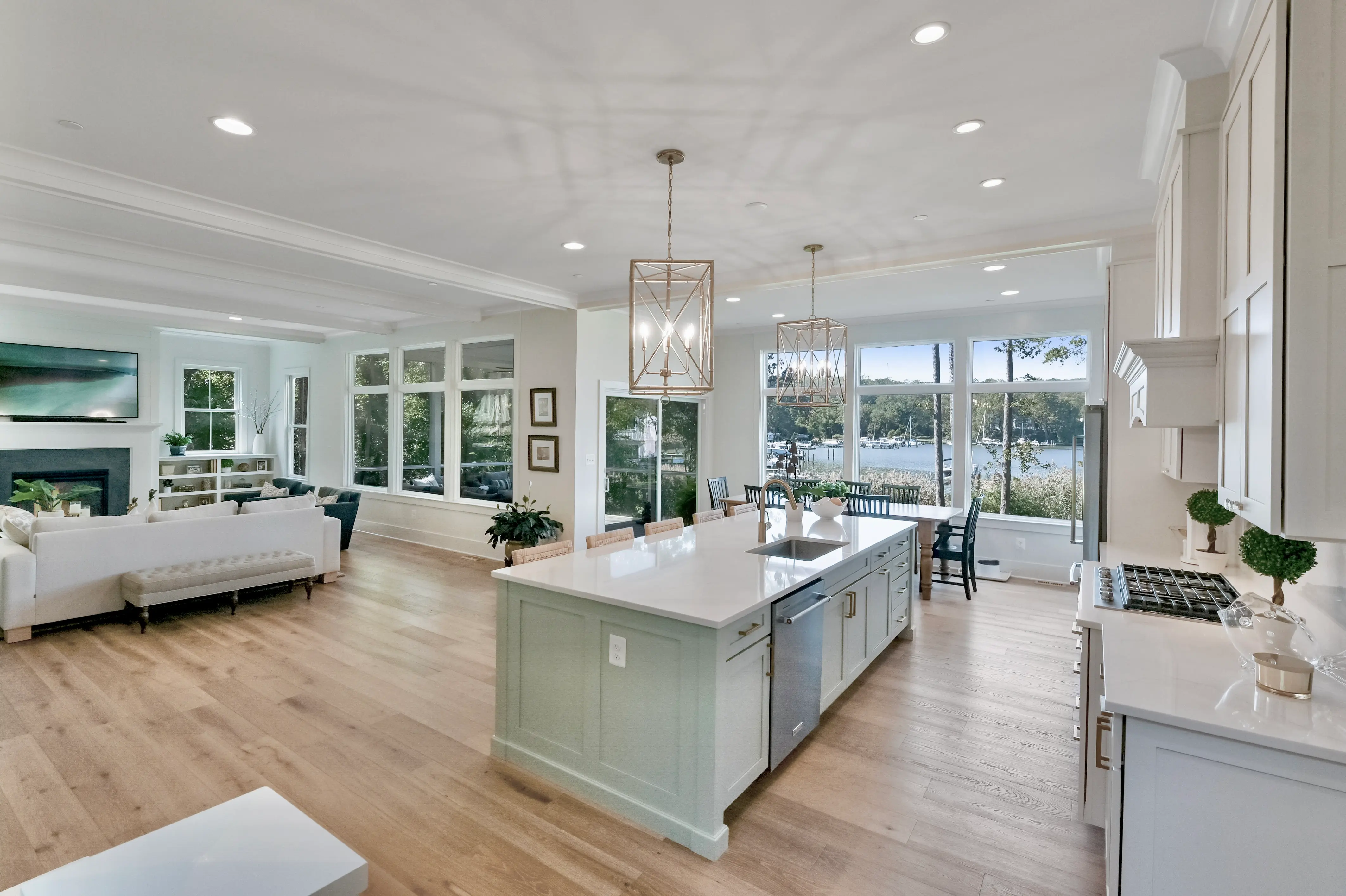Kitchen island and living room