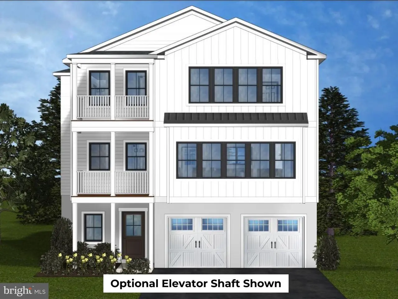 Front Elevation (white) showing Optional elevator shaft for Rousby Hall home in Lusby, Maryland (Chessie II model)
