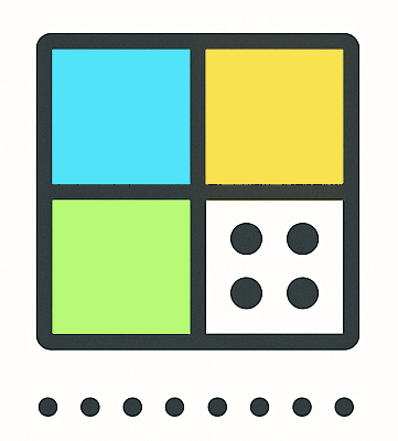 Modern quilting logo with four colored squares—blue, yellow, and green—plus a white square with four black dots, representing sewing and math. Minimalist design with clean lines and bold colors.
