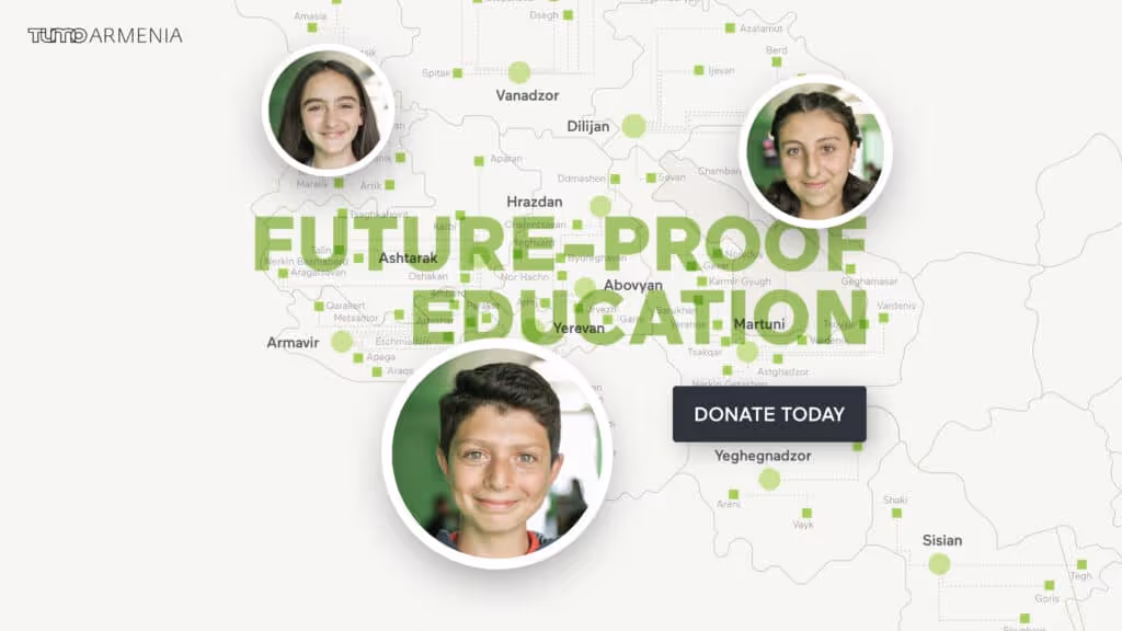 A fundraising CTA for TUMO Armenia featuring a young boy smiling.