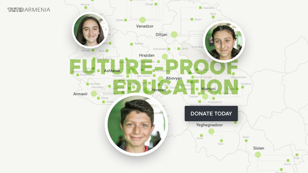 A fundraising CTA for TUMO Armenia featuring a young boy smiling.