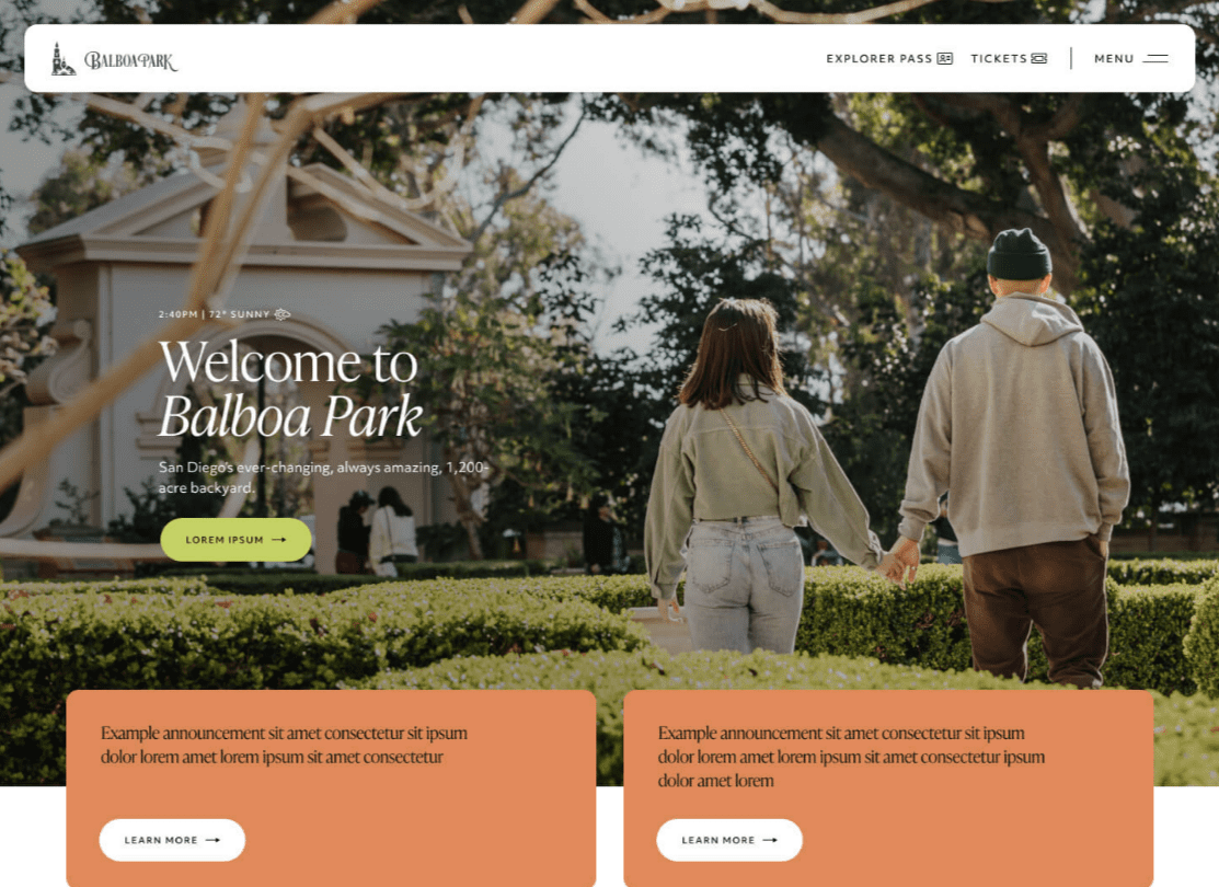 An example of nonprofit branding on Balboa Park’s about page.