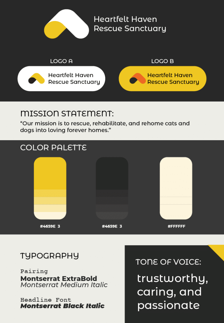 An example nonprofit branding document for a fictional organization called Heartfelt Haven Rescue Sanctory. Elements of the guide are logos, mission statement, color palette, typography, and tone of voice.