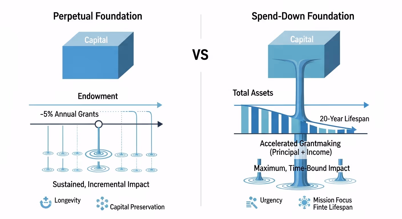A comparative diagram showing a Perpetual Foundation with a stable endowment and small, infinite grant payouts, versus a Spend-Down Foundation, which depletes its entire assets over a fixed period for larger, more immediate impact.