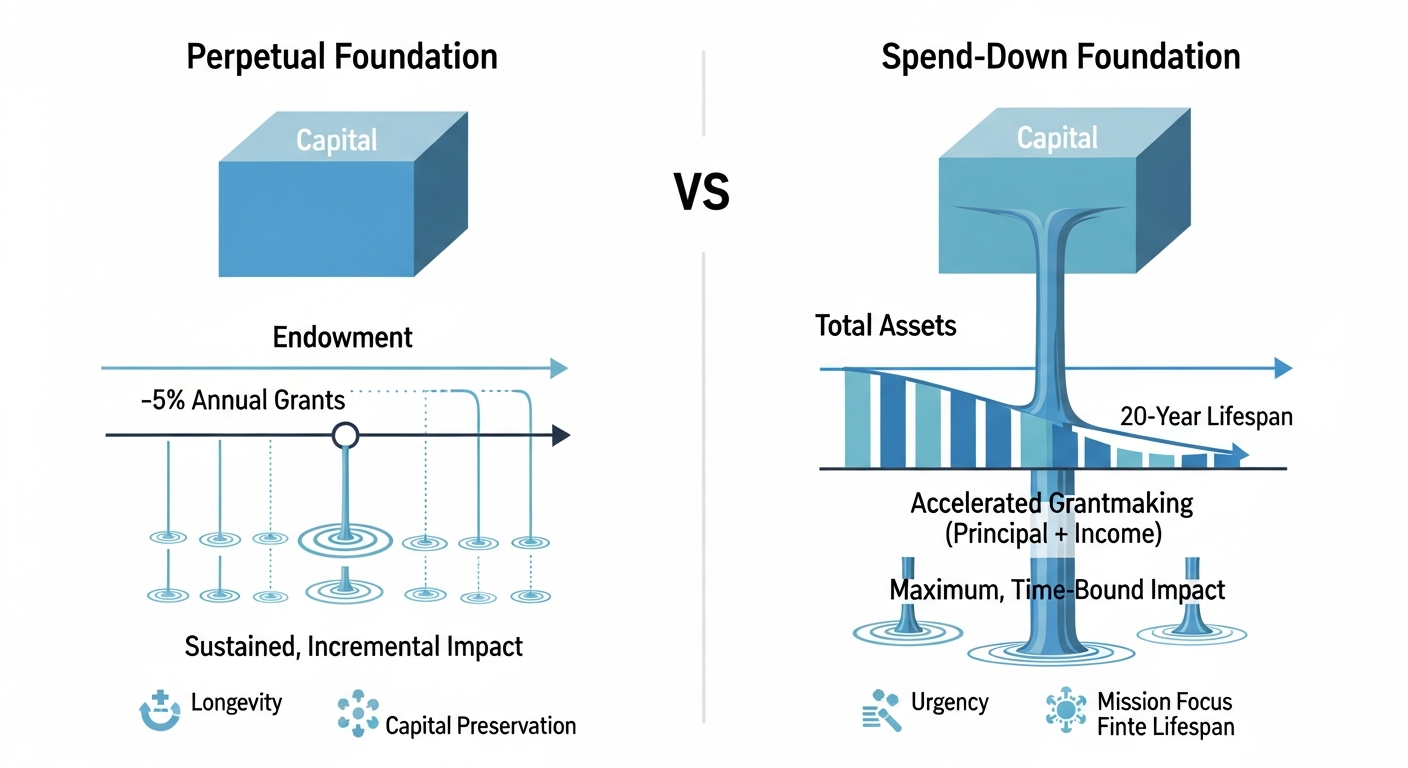 A comparative diagram showing a Perpetual Foundation with a stable endowment and small, infinite grant payouts, versus a Spend-Down Foundation, which depletes its entire assets over a fixed period for larger, more immediate impact.