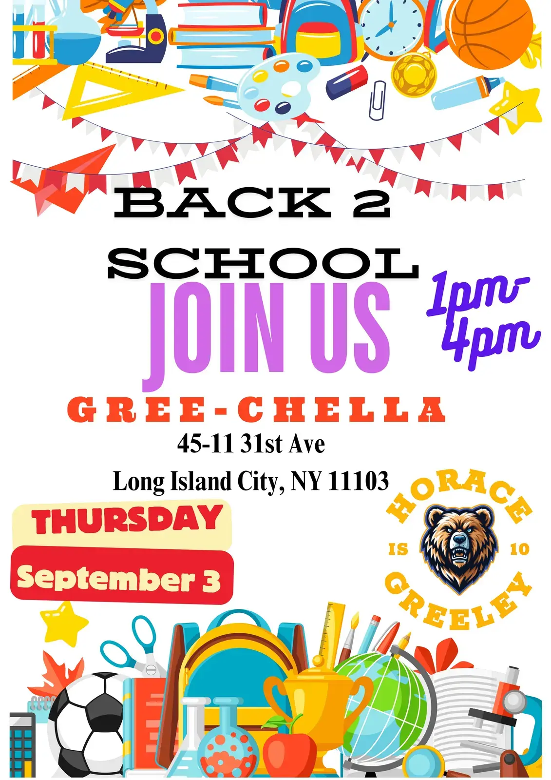 Horace Greeley Back to School Gree-Chella event flyer September 3