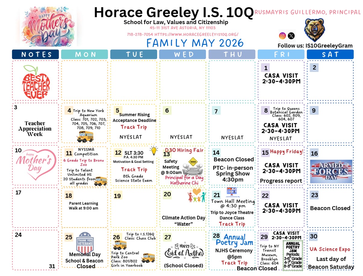 Horace Greeley I.S. 10Q family calendar for May 2026