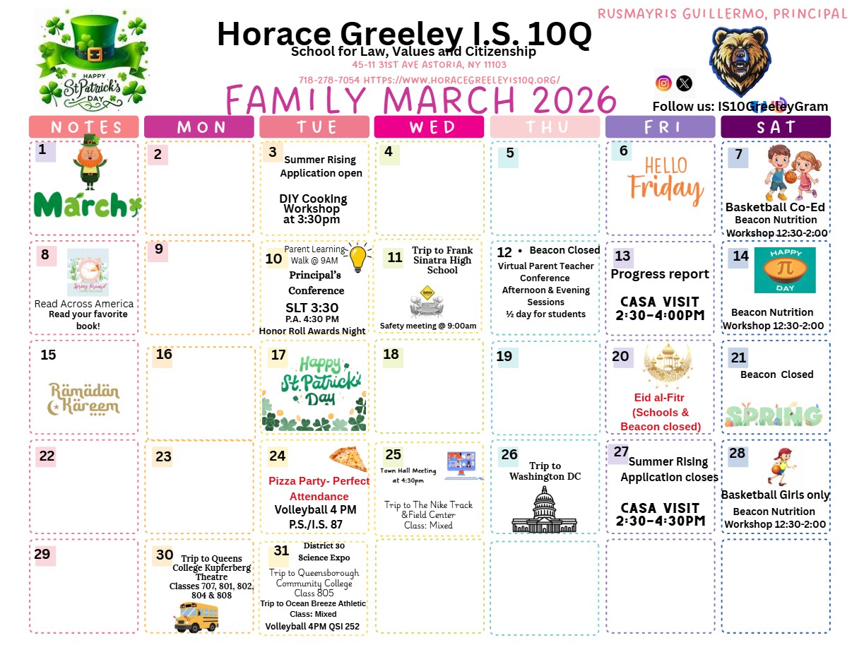 Horace Greeley IS 10Q family calendar for March 2026