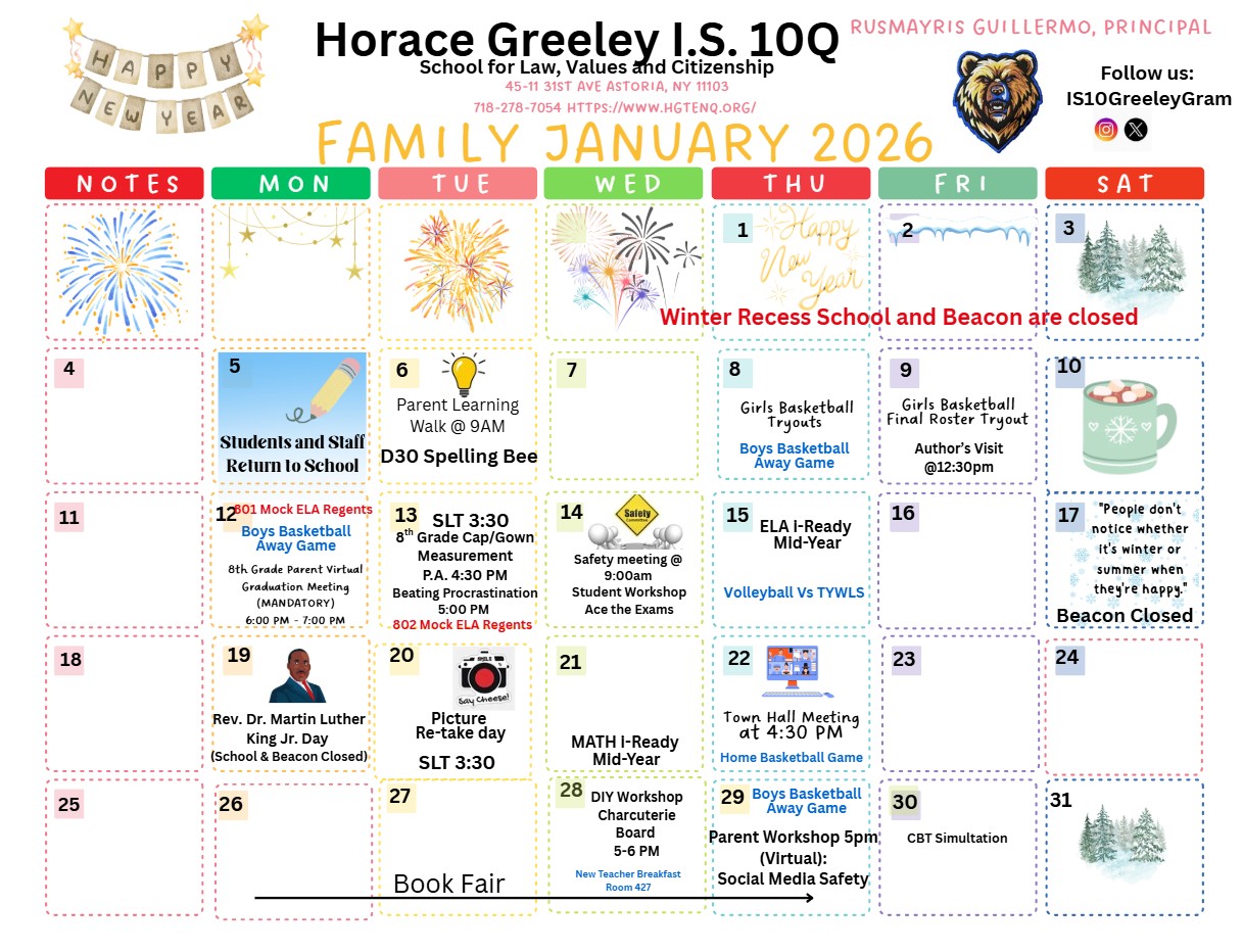 Horace Greeley IS 10Q family calendar for January 2026