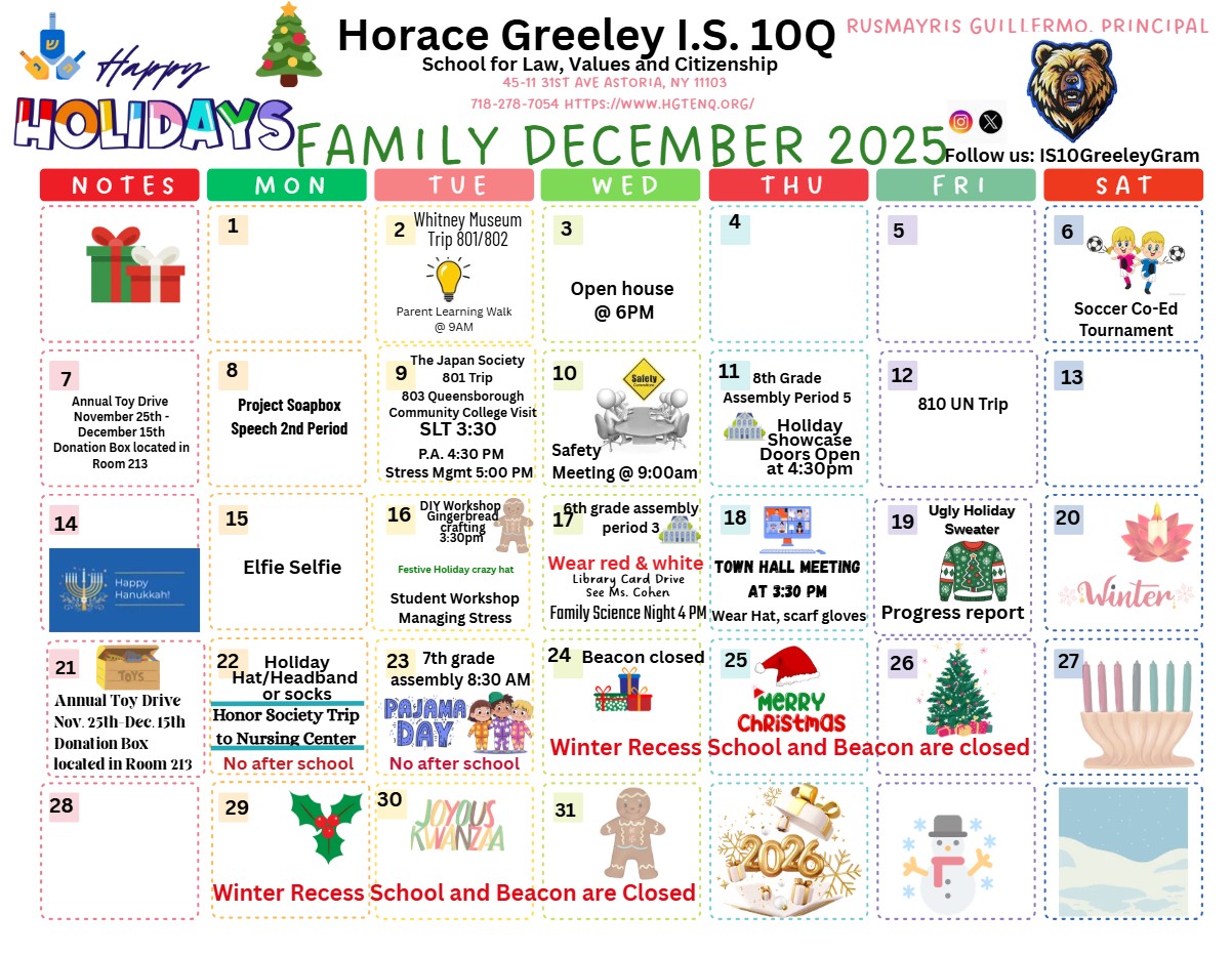 Horace Greeley IS 10Q family calendar for December 2025