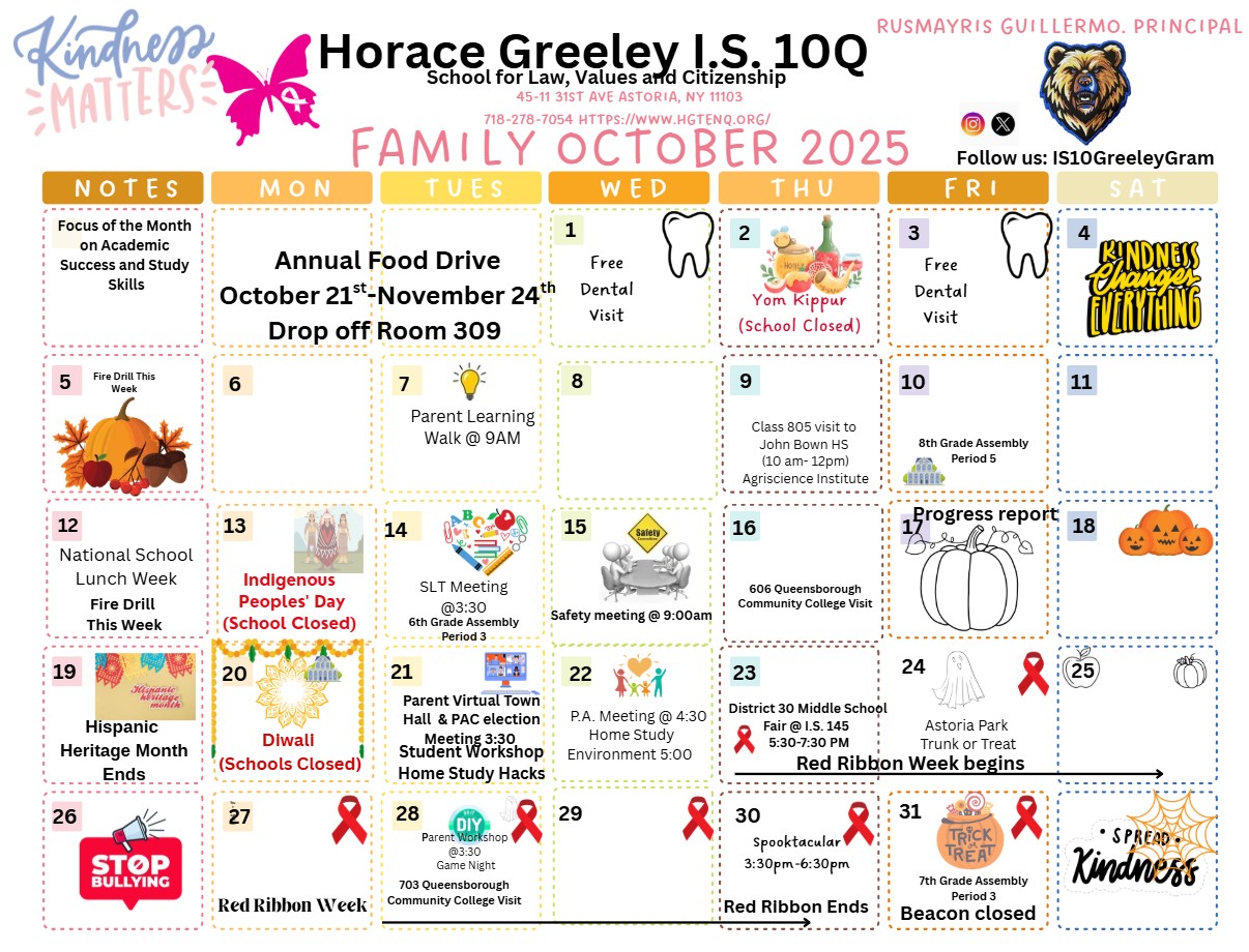 Horace Greeley IS 10Q family calendar for October 2025