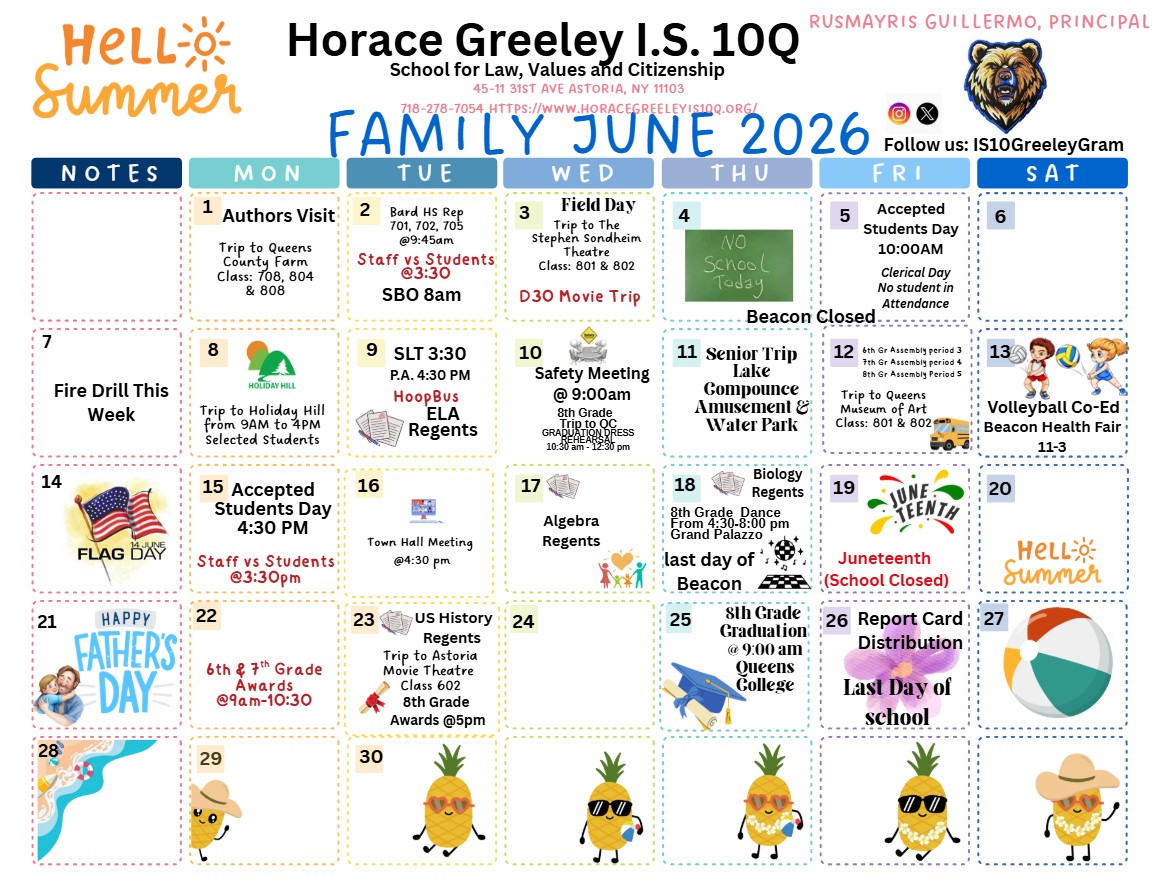 Horace Greeley IS 10Q family calendar for June 2026