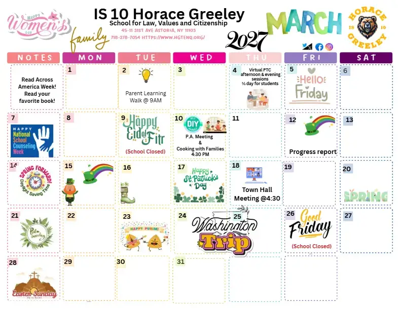 IS 10 Horace Greeley March 2027 school calendar with events
