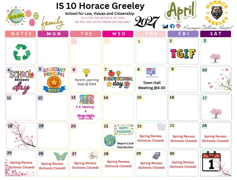 IS 10 Horace Greeley April 2027 school calendar with events