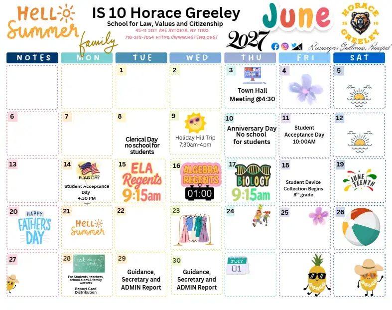 IS 10 Horace Greeley June 2027 school calendar with events