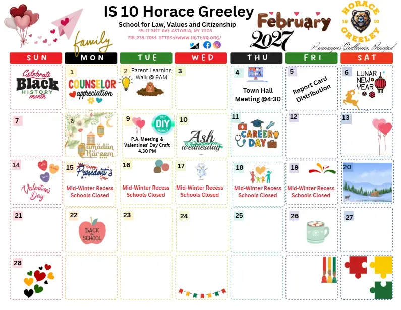 IS 10 Horace Greeley February 2027 school calendar with events