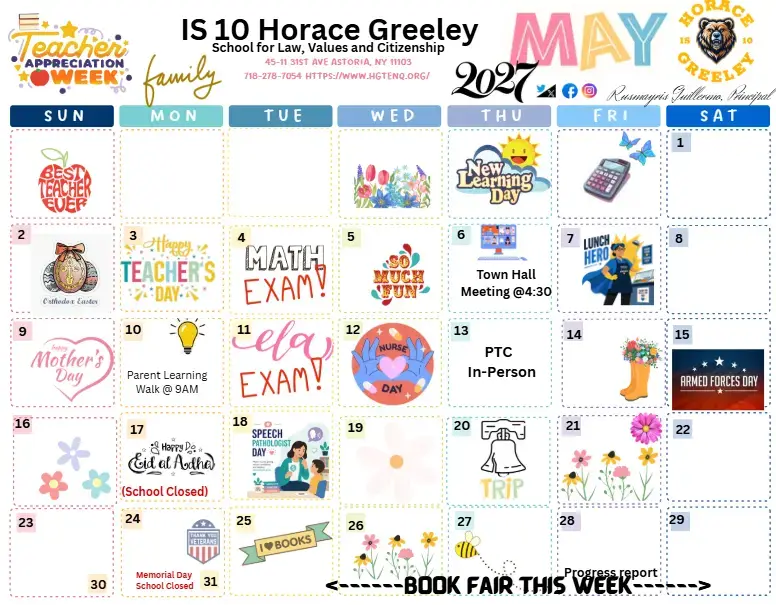 IS 10 Horace Greeley May 2027 school calendar with events