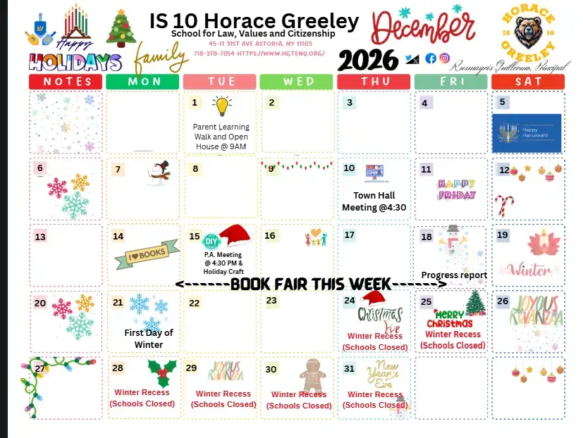 IS 10 Horace Greeley December 2026 school calendar with events