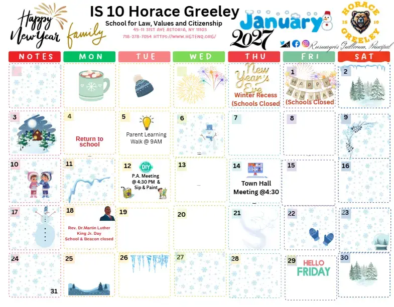 IS 10 Horace Greeley January 2027 school calendar with events