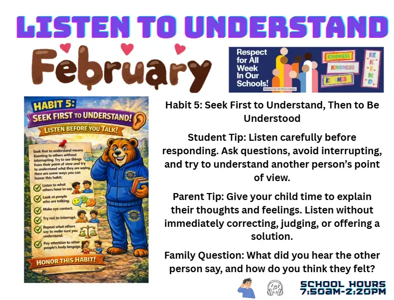 February newsletter graphic about Habit 5 Listen to Understand