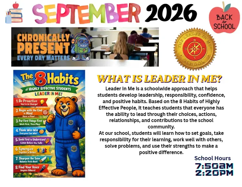 September 2026 back to school newsletter featuring Leader in Me and attendance information