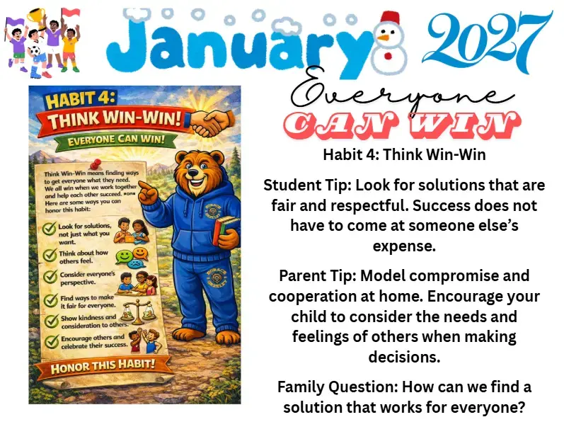 January 2027 newsletter graphic about Habit 4 Think Win-Win