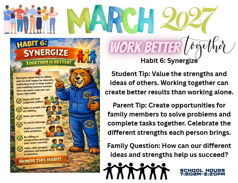 March 2027 newsletter highlighting Habit 6 Synergize Work Better Together