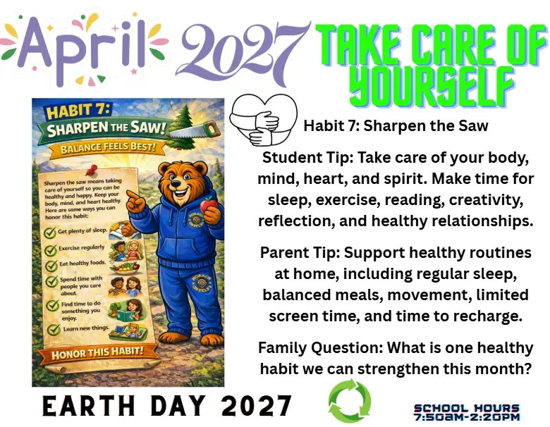 April 2027 newsletter promoting Habit 7 Sharpen the Saw self-care tips