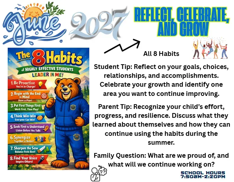 June 2027 Leader in Me 8 Habits reflect celebrate and grow flyer