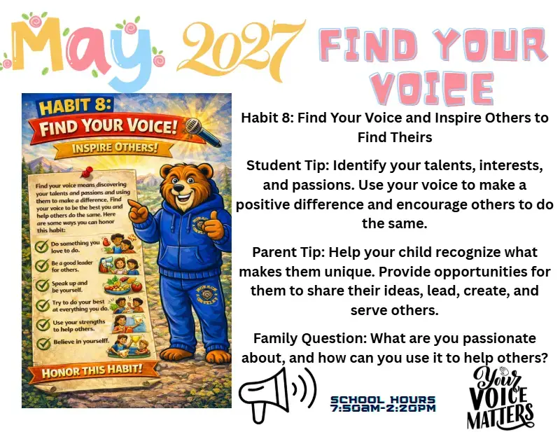 May 2027 newsletter promoting Habit 8 Find Your Voice