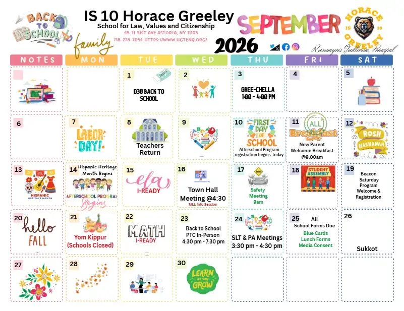 IS 10 Horace Greeley September 2026 school calendar with events