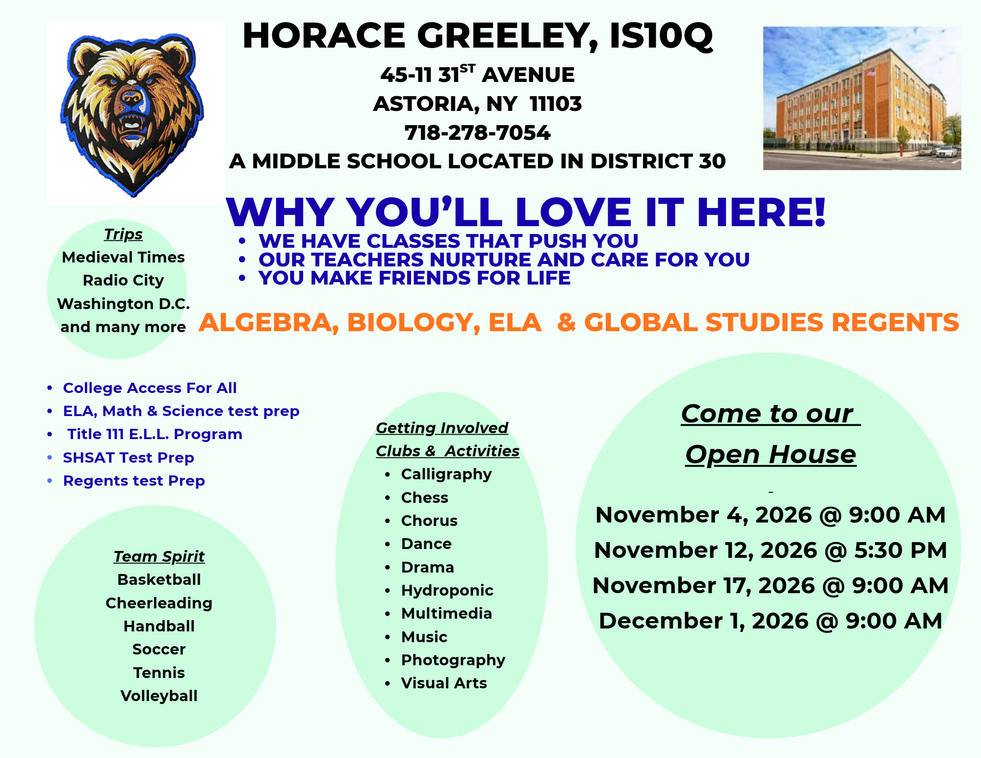 Horace Greeley IS 10Q Open House flyer: November 4 at 9:00 AM, November 12 at 5:30 PM, November 17 at 9:00 AM and December 1, 2026 at 9:00 AM