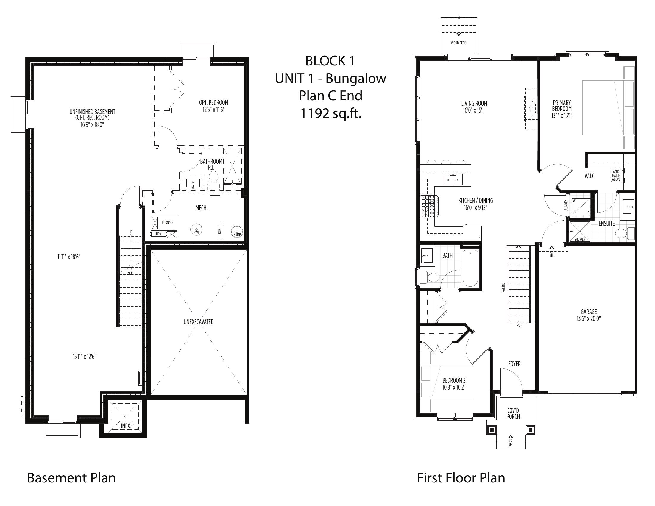 Plan C end unit bungalow floor plan, Block 1 Unit 1, 1,192 square feet