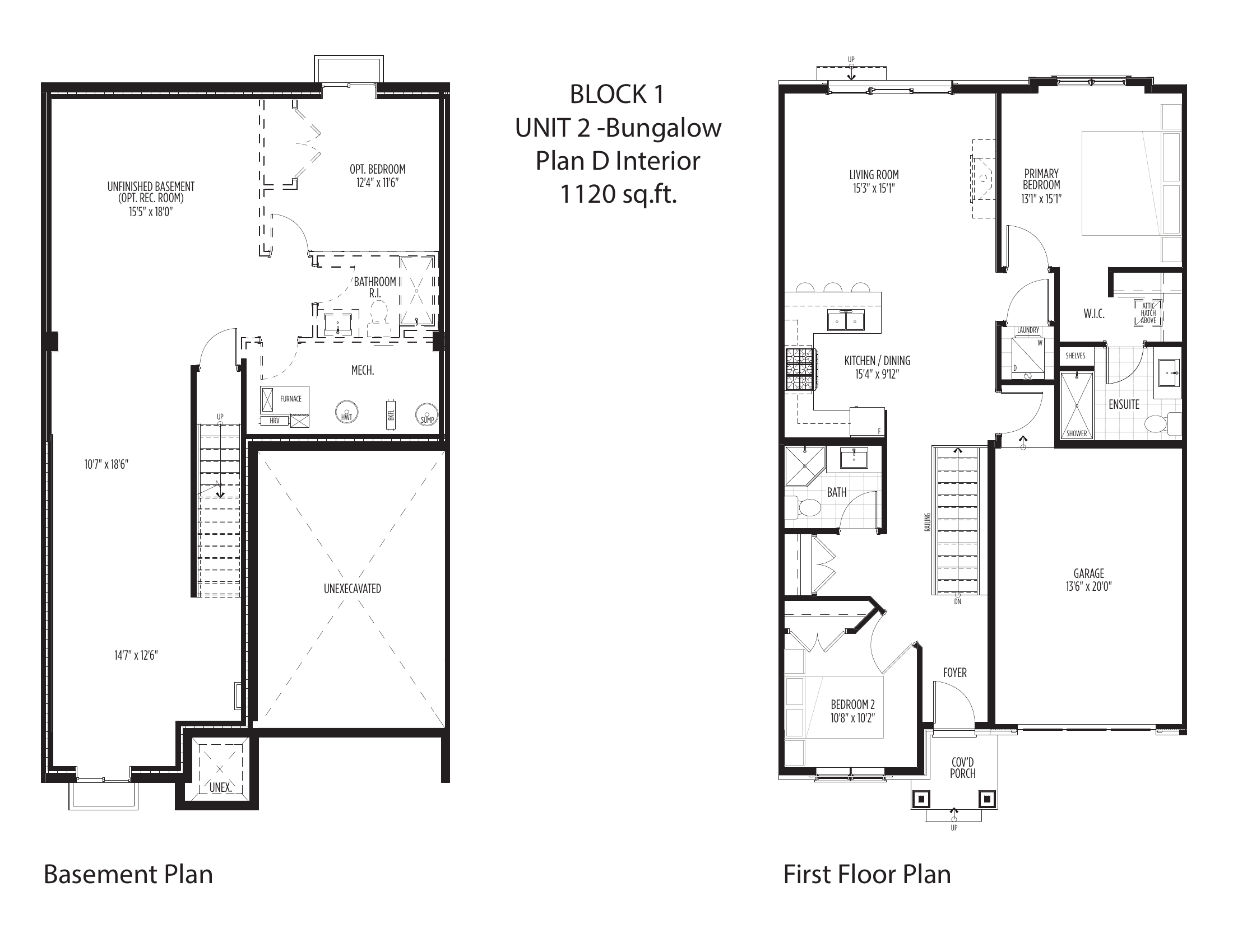 Plan D interior unit bungalow floor plan, Block 1 Unit 2, 1,120 square feet