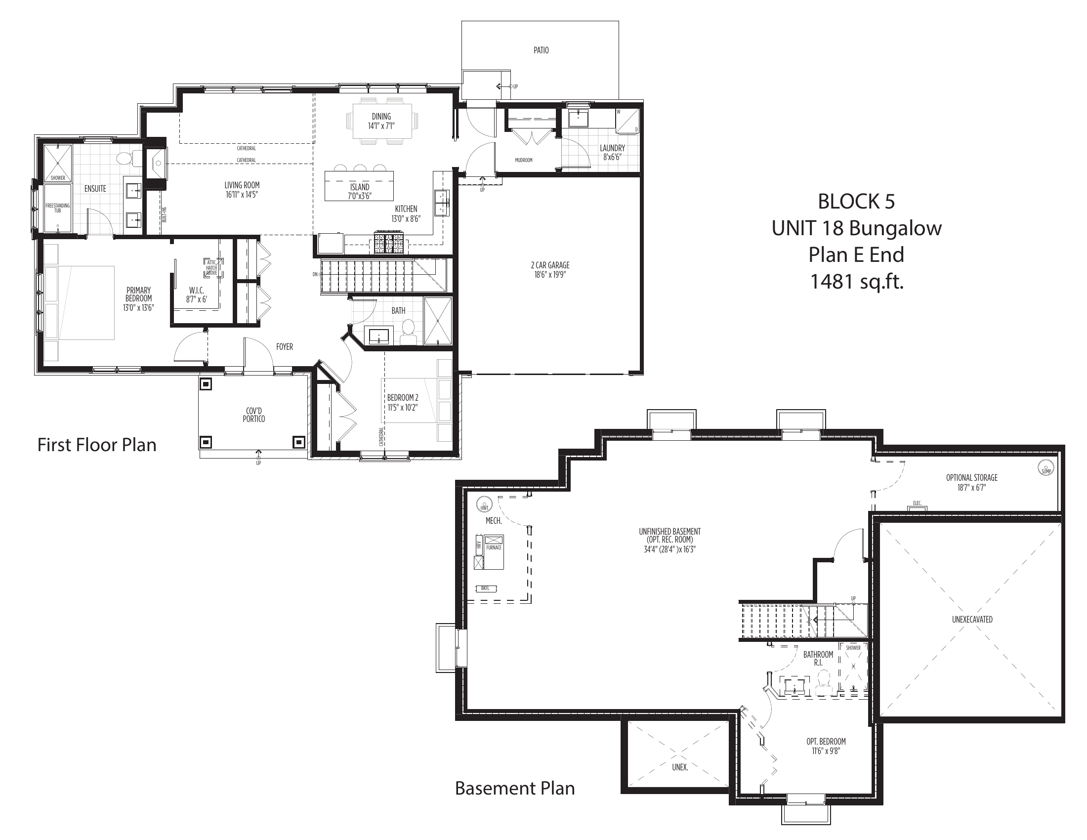 Plan E end unit bungalow floor plan with two car garage, Block 5 Unit 18, 1,481 square feet