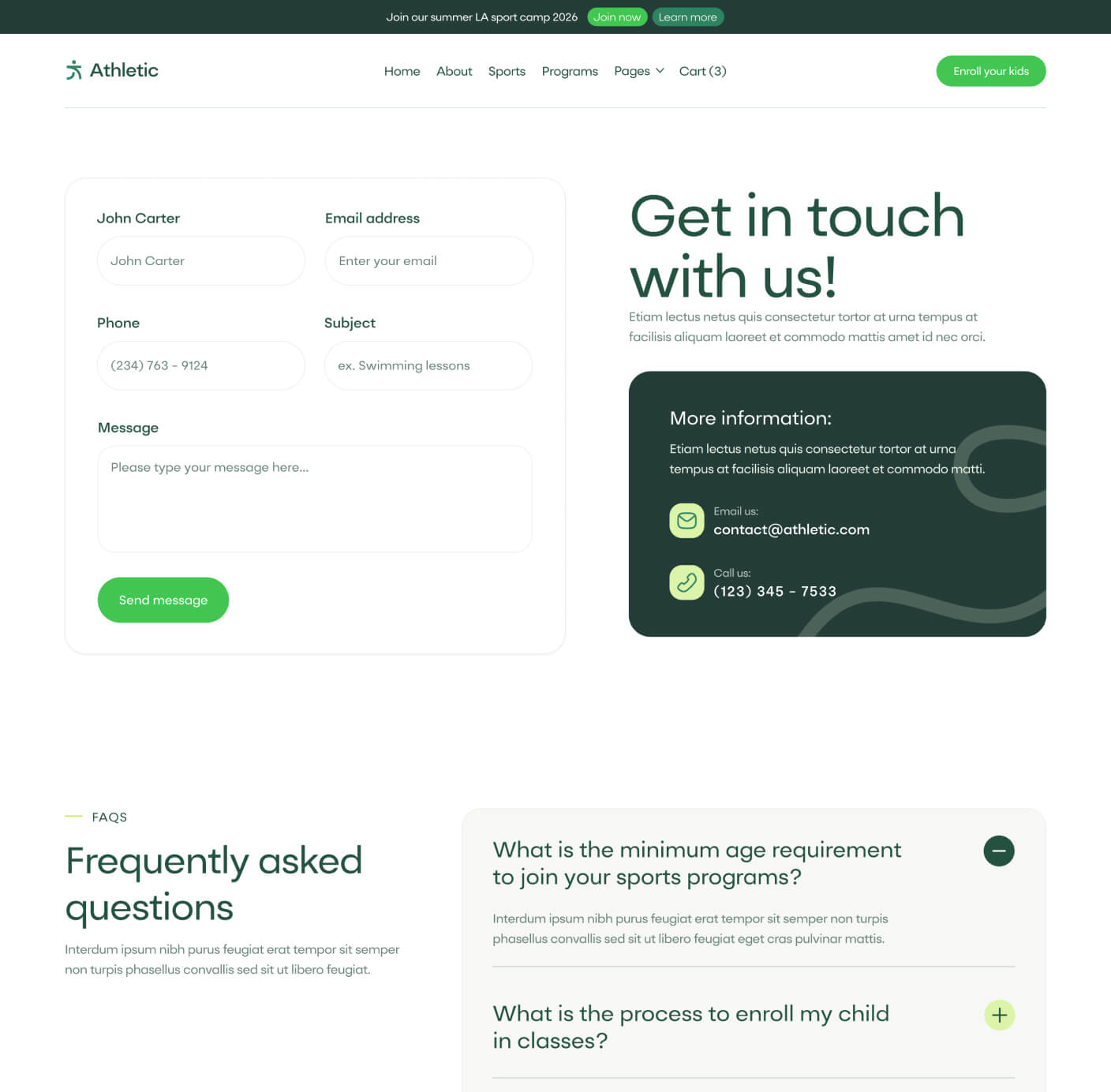 Athletic - Contact V3 Page - Sports Academy Webflow Template