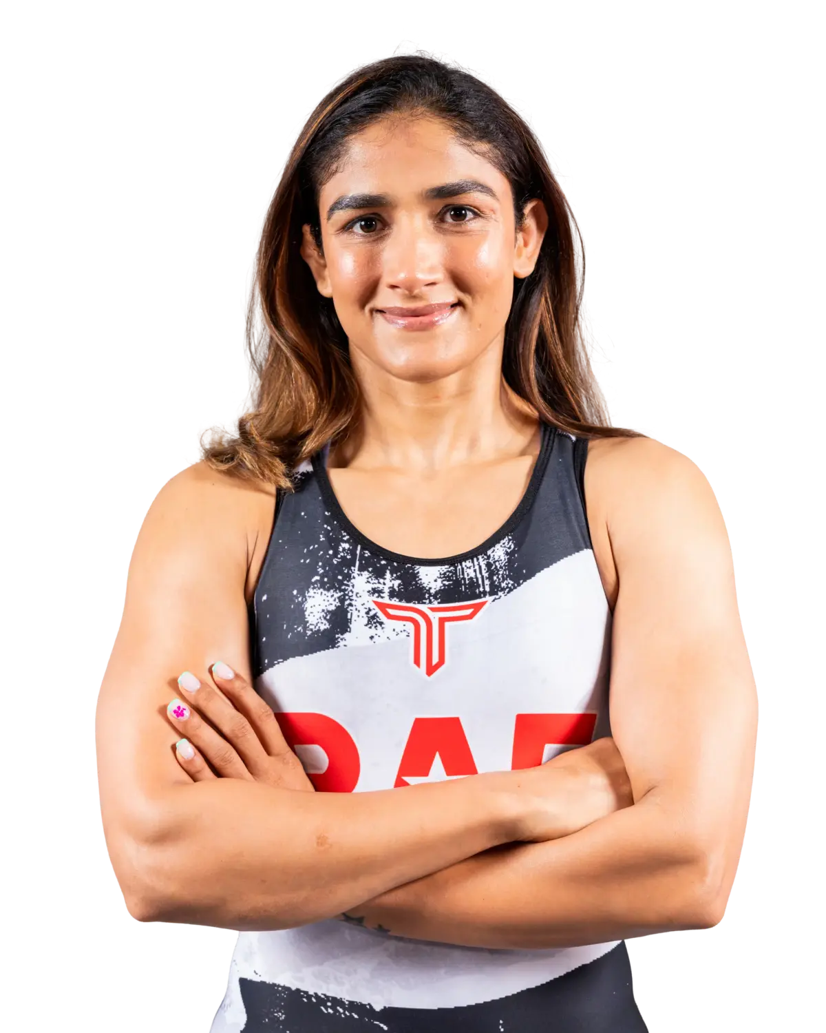 Upper-body portrait of Vinesh Phogat, RAF athlete.