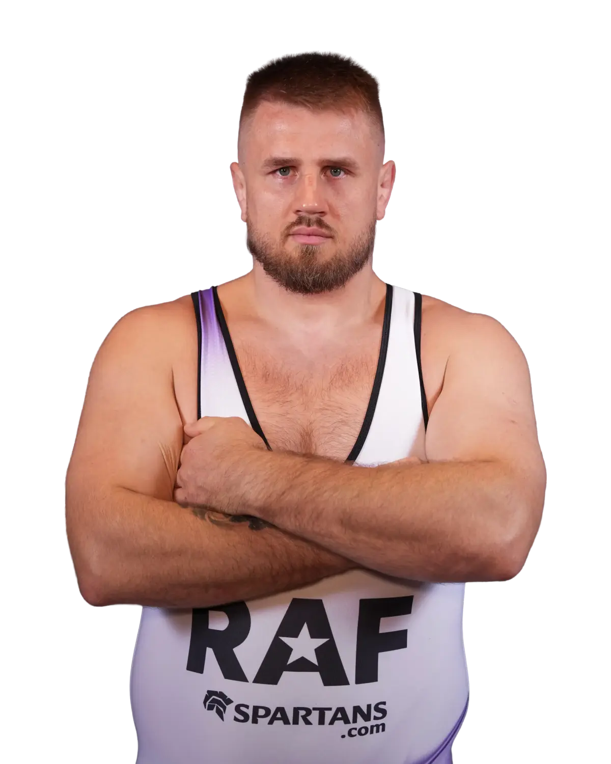 Upper-body portrait of Alexandr Romanov, RAF athlete.