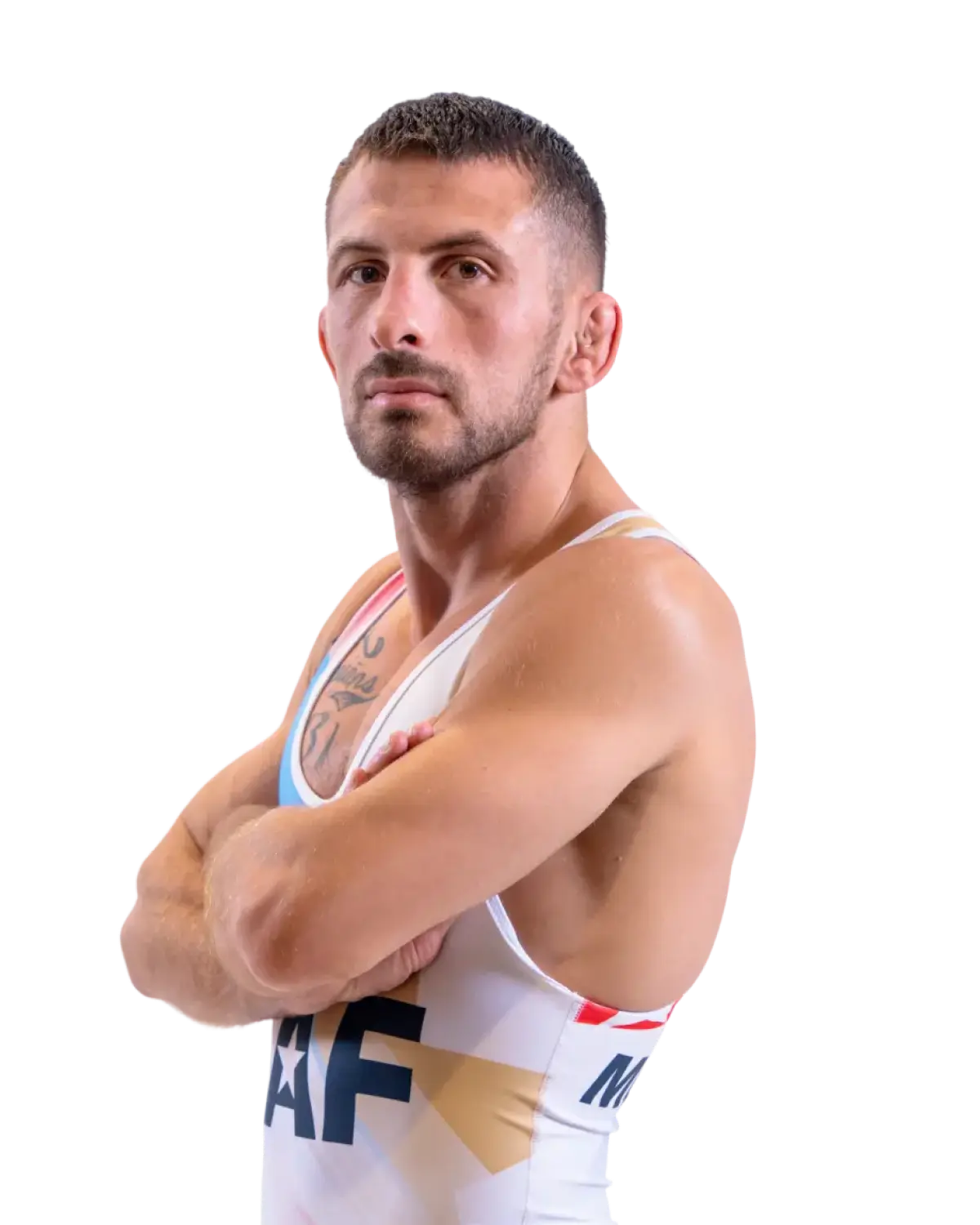 Upper-body portrait of Nico Megaludis, RAF athlete.