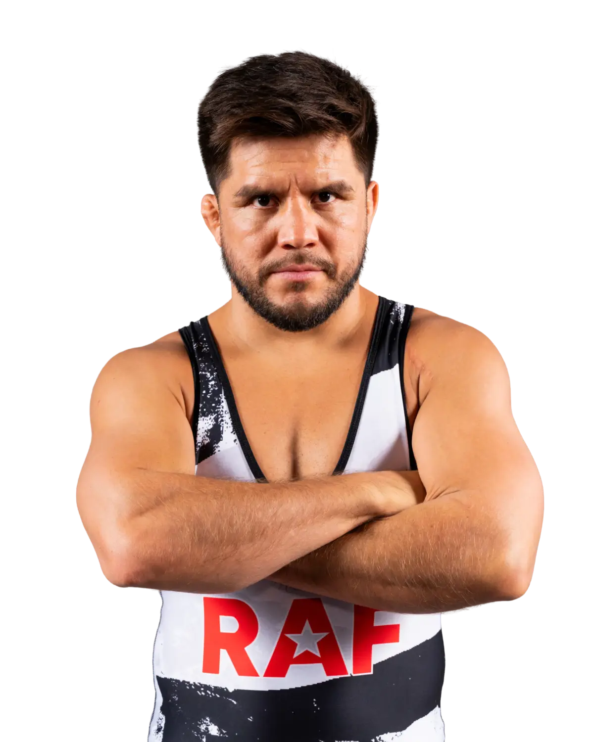 Upper-body portrait of Henry Cejudo, RAF athlete.