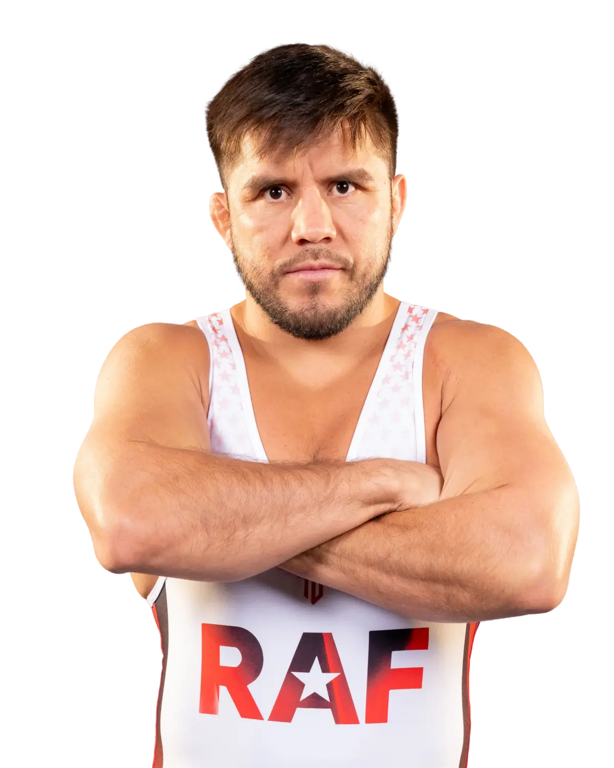 Upper-body portrait of Henry Cejudo, RAF athlete.