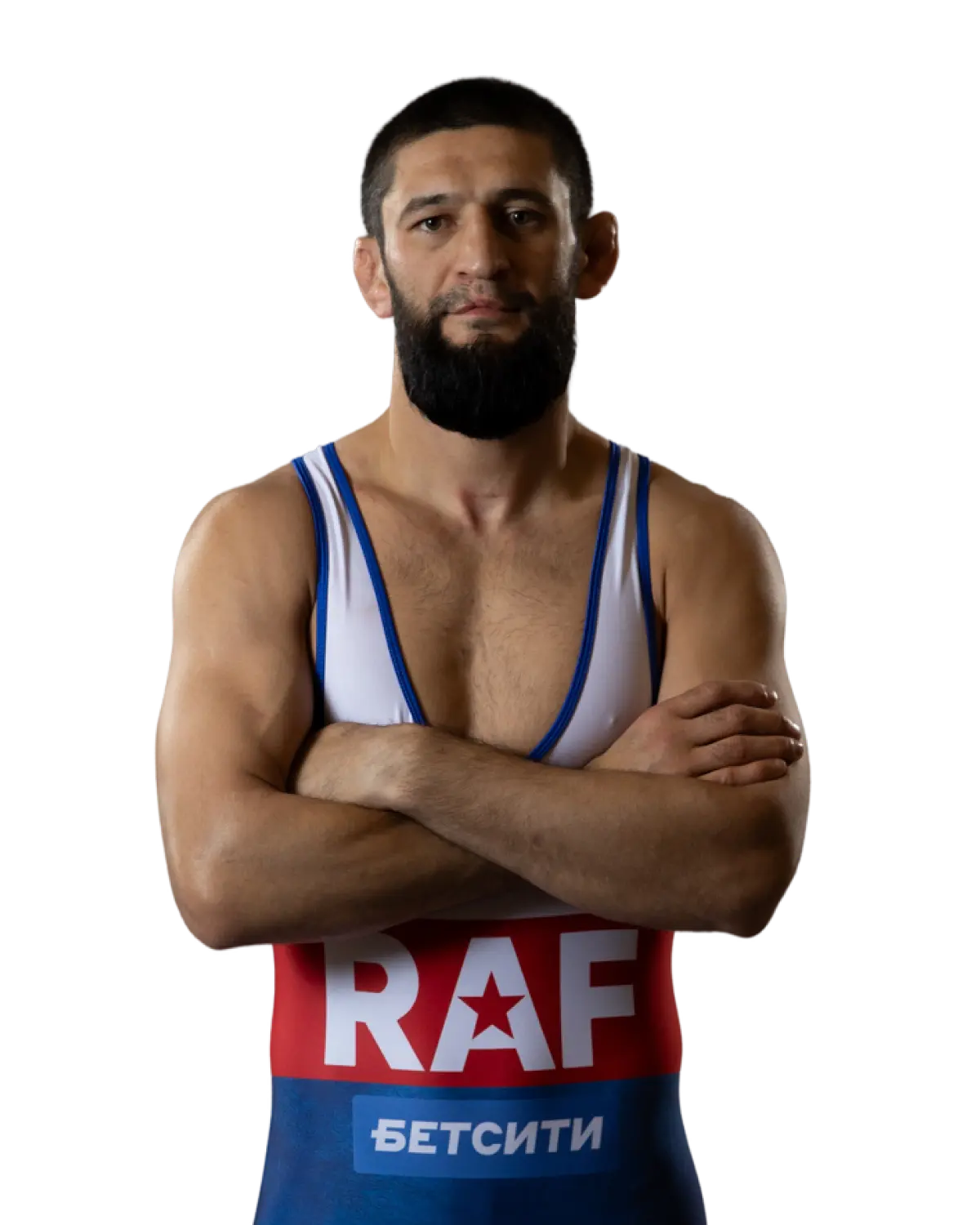 Upper-body portrait of Khamzat Chimaev, RAF athlete.