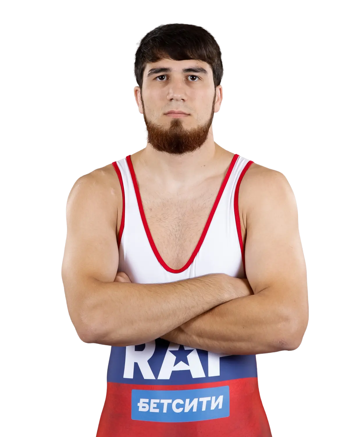 Upper-body portrait of Akhmed Tazhudinov, RAF athlete.