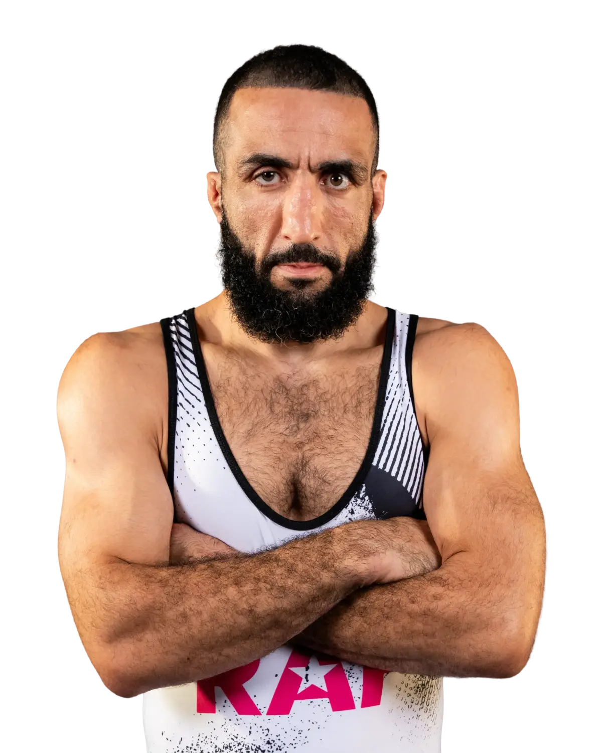 Upper-body portrait of Belal Muhammad, RAF athlete.