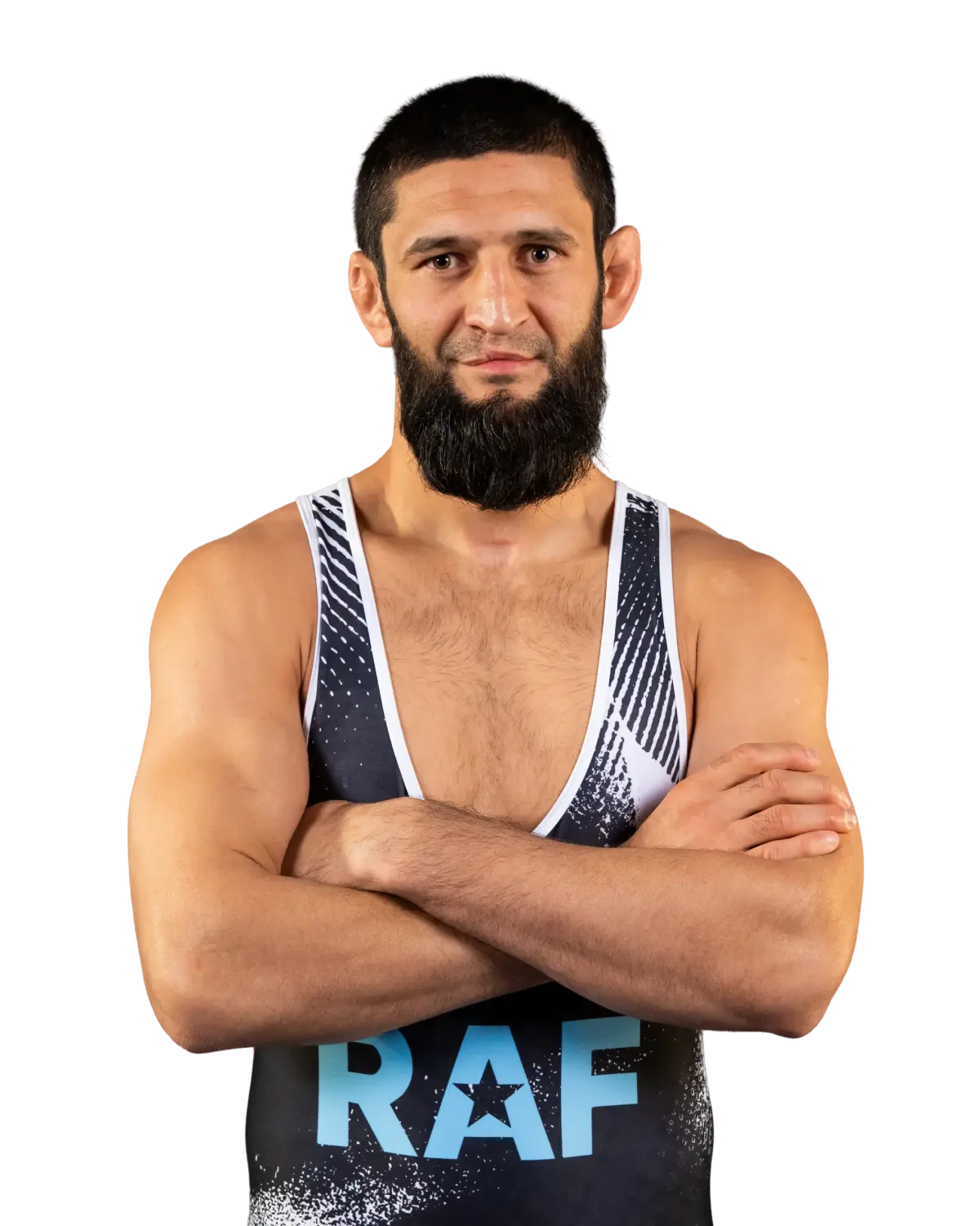 Upper-body portrait of Khamzat Chimaev, RAF athlete.