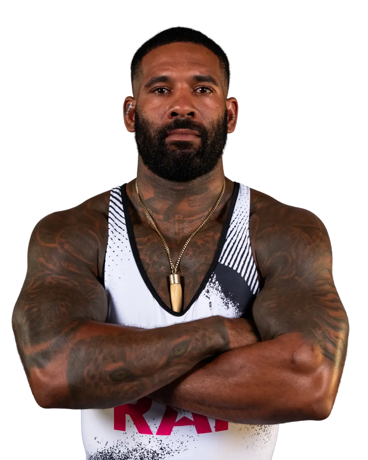 Upper-body portrait of Real Tarzann, RAF athlete.