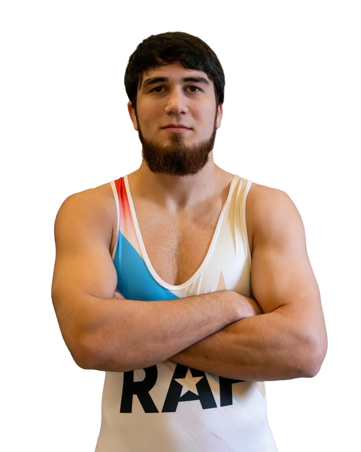 Upper-body portrait of Akhmed Tazhudinov, RAF athlete.