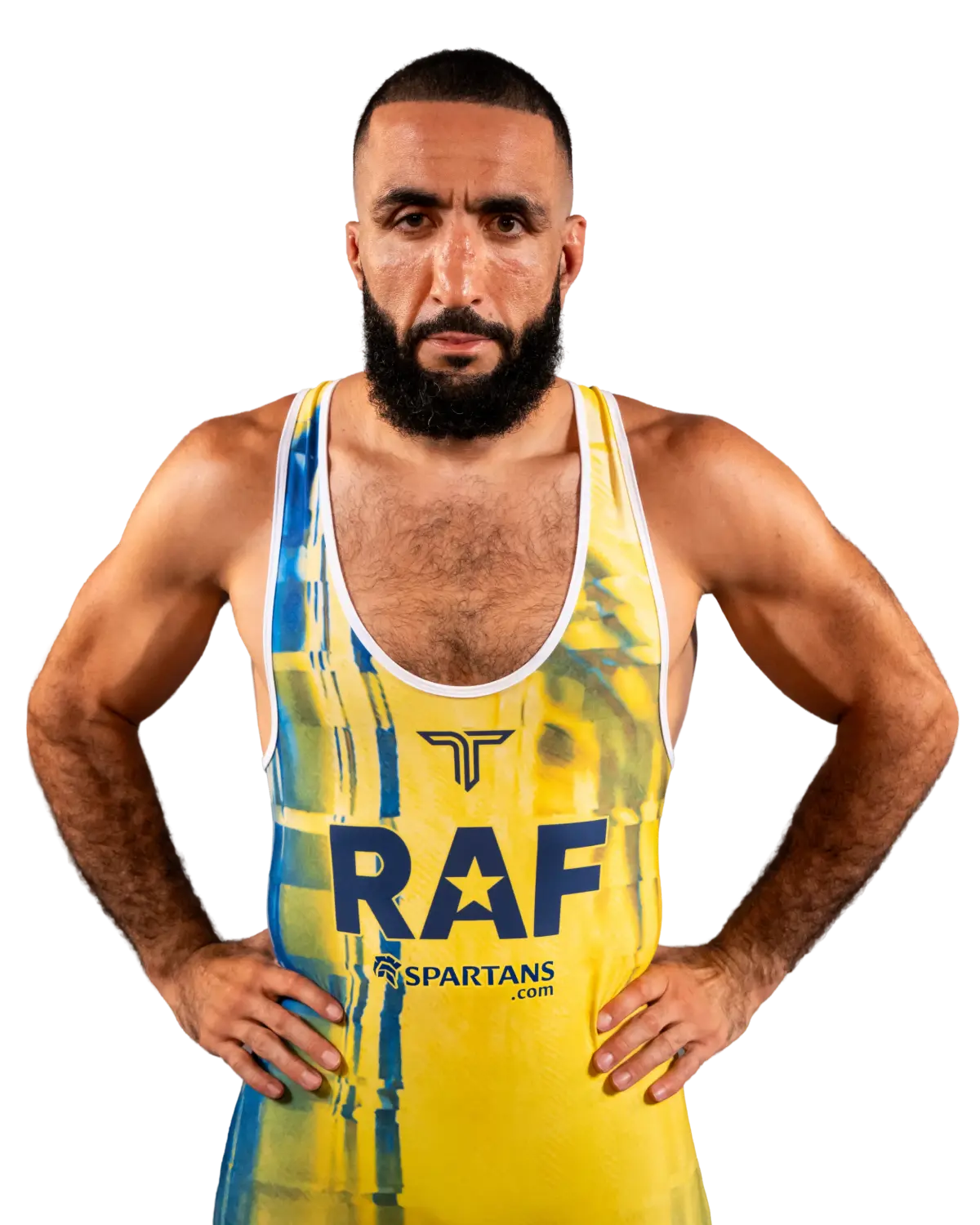 Upper-body portrait of Belal Muhammad, RAF athlete.