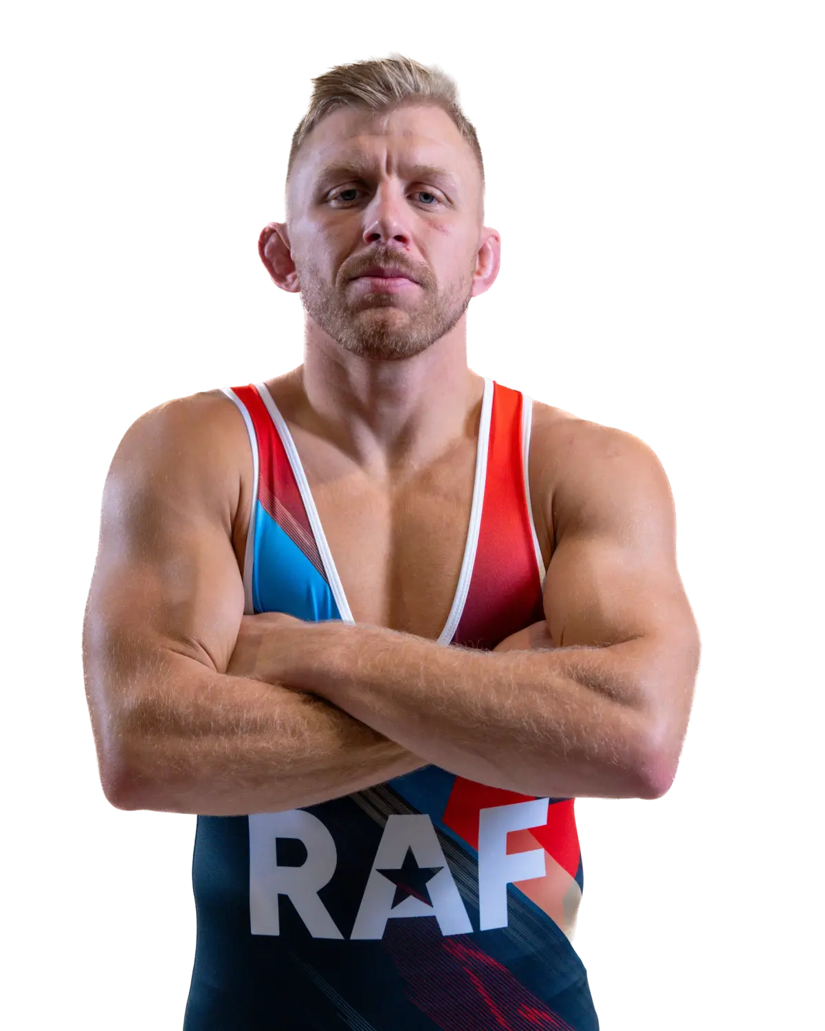 Upper-body portrait of Kyle Dake, RAF athlete.