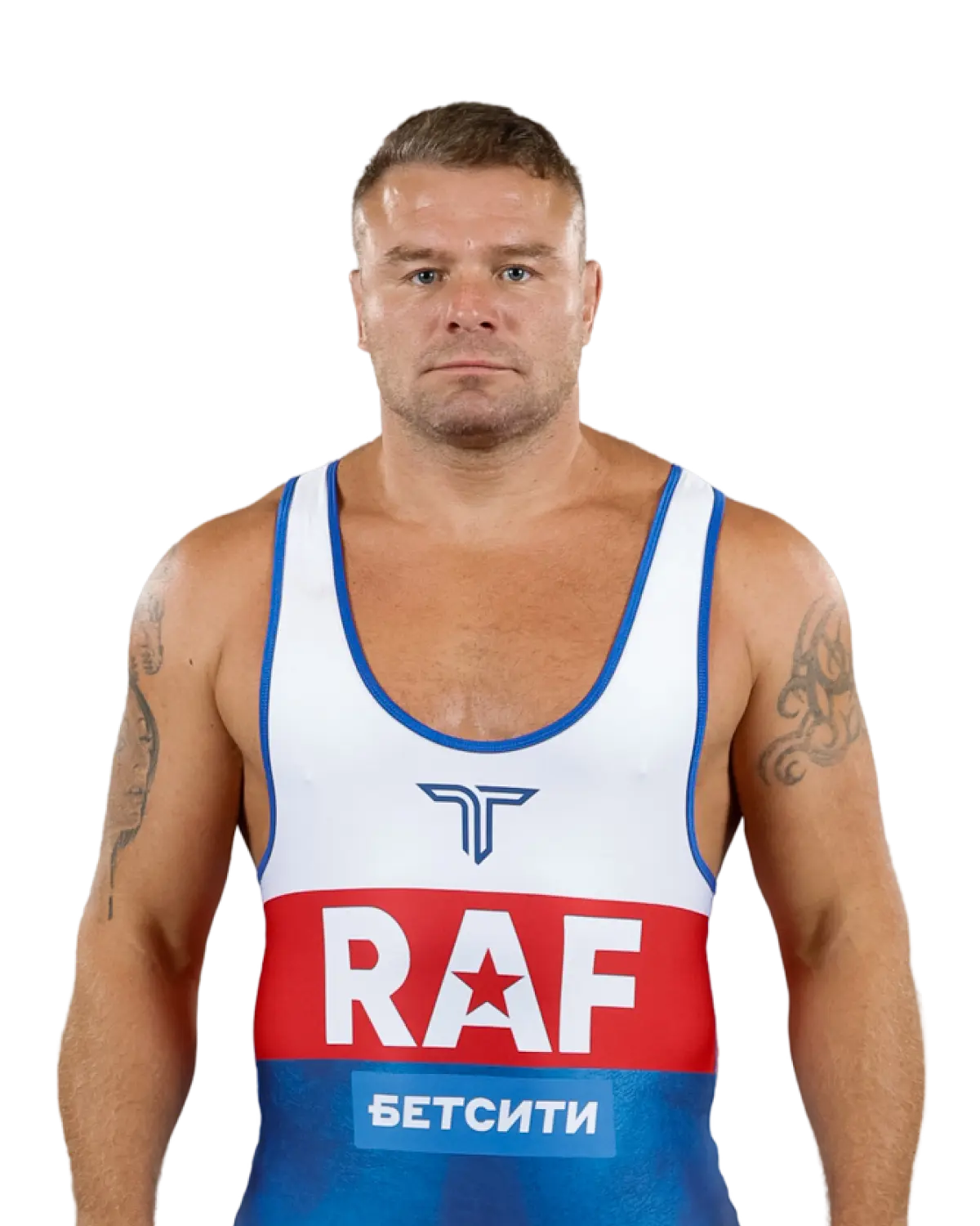 Upper-body portrait of Anatoly Malykhin, RAF athlete.